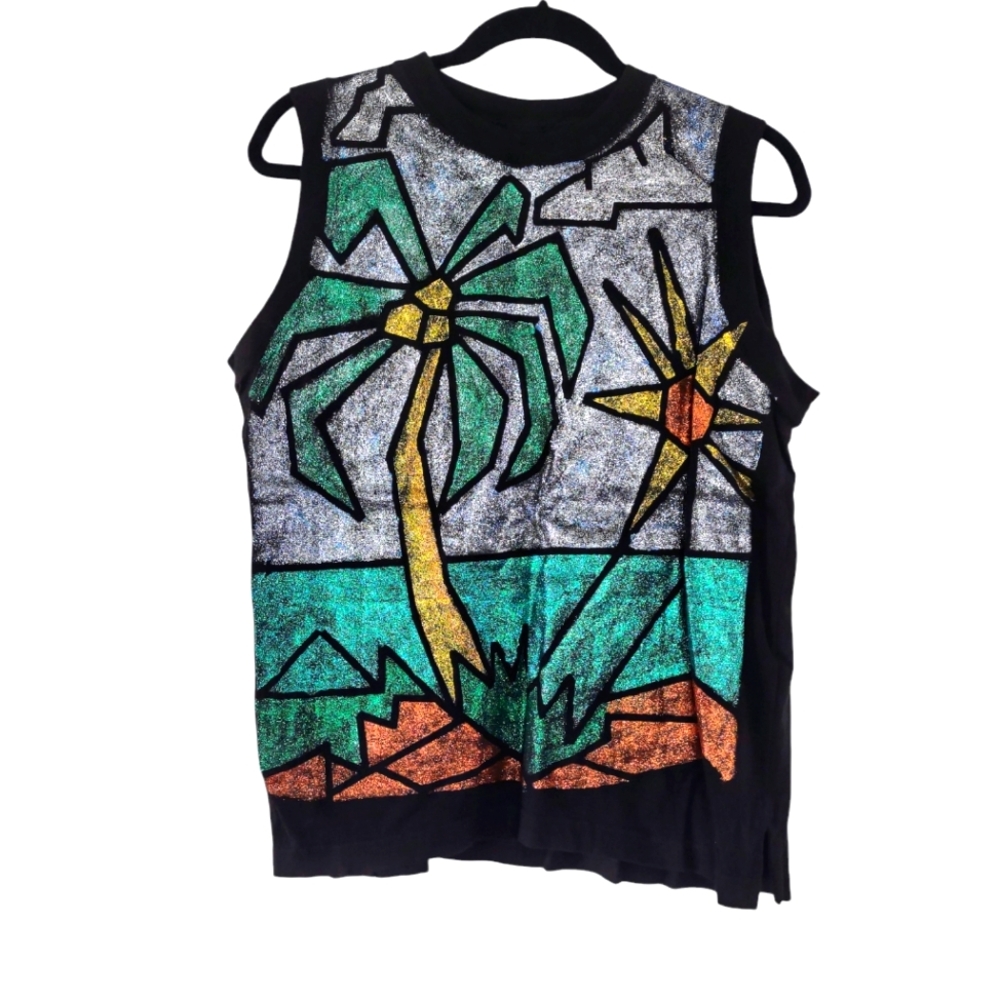 Vintage Basic Editions Shirt Women's Size‎ Large Sparkly Tropical Palm Black Y2K
